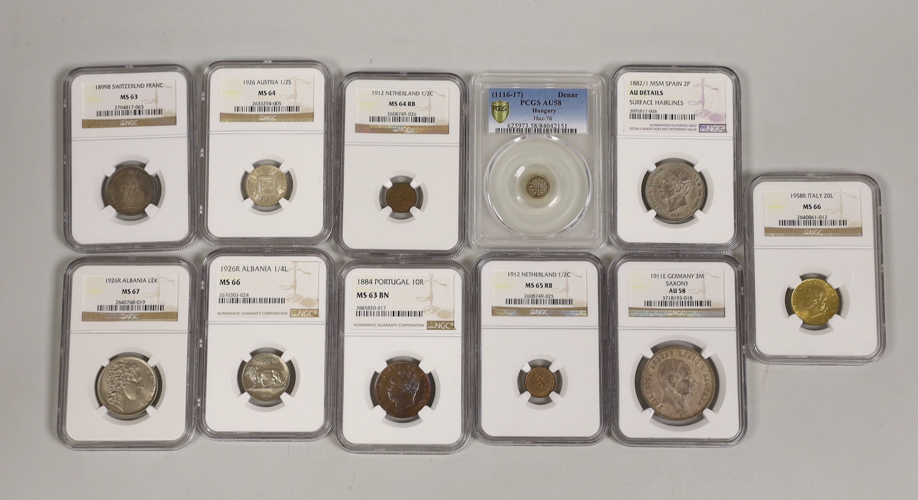 Europe coins, in NGC and PCGS graded slabs, including Hungary, Stephen II, 1116-1131AD, AR denar, German States, Saxony 3 marks 1911E, Switzerland 1 franc 1899B, Albania 1 lek and 1/4 lek, both 1926R, scarce in this grad